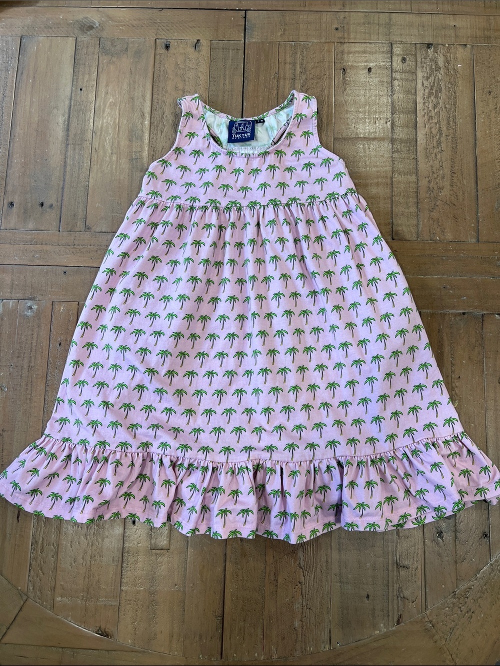 Tuk Tuk pink palm tree Racerback ruffle hem dress 7-8 years